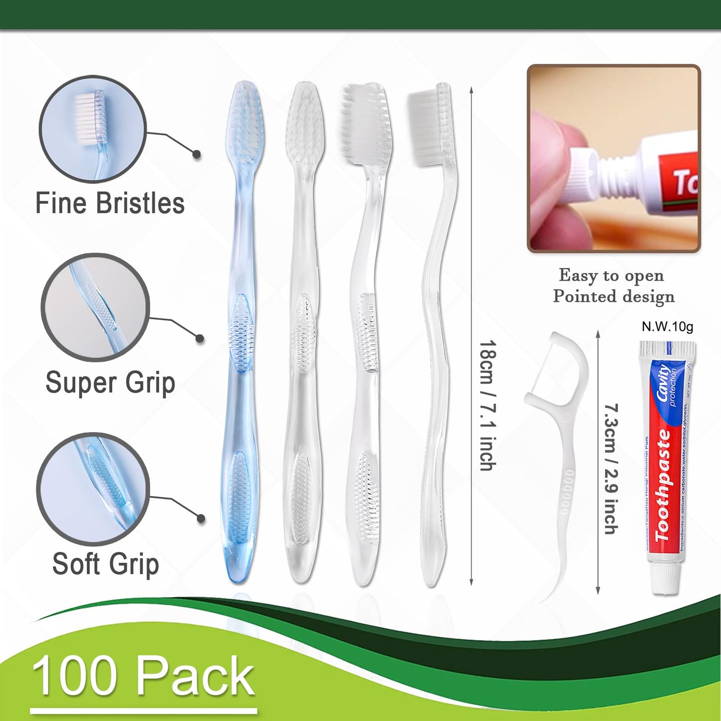 100 pcs Disposable Toothbrushes with Toothpaste Floss Individually Wrapped