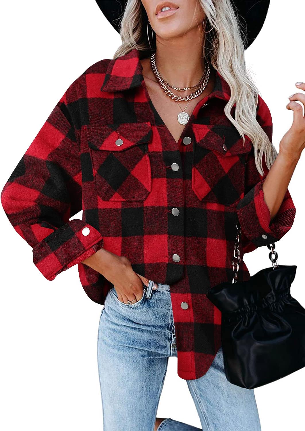 Magritta Womens Shirts Collared Long Sleeve V Neck Button Down Oversized Blouses Tops with Pockets