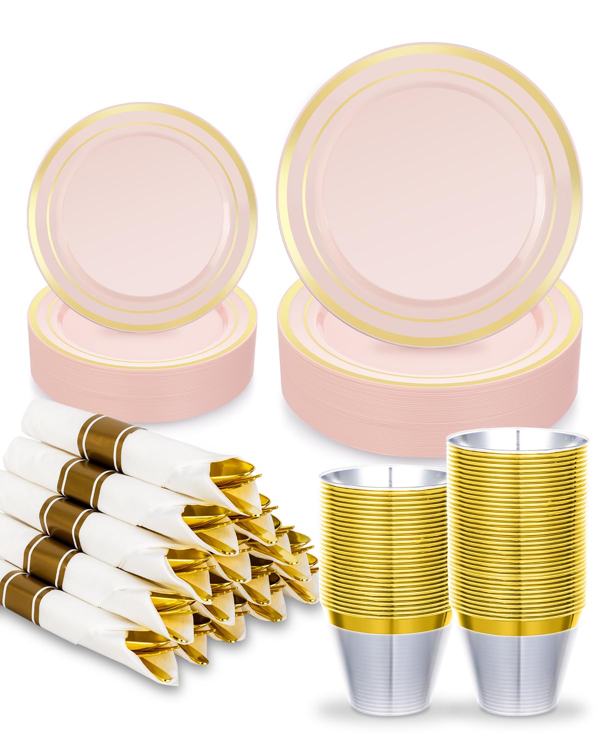 350PCS Gold Plastic Disposable Dinnerware Set, for 50 Guests, Include: 100 Plastic Plates, 50 Pre Rolled Napkins with Gold Silverware, 50 Cups