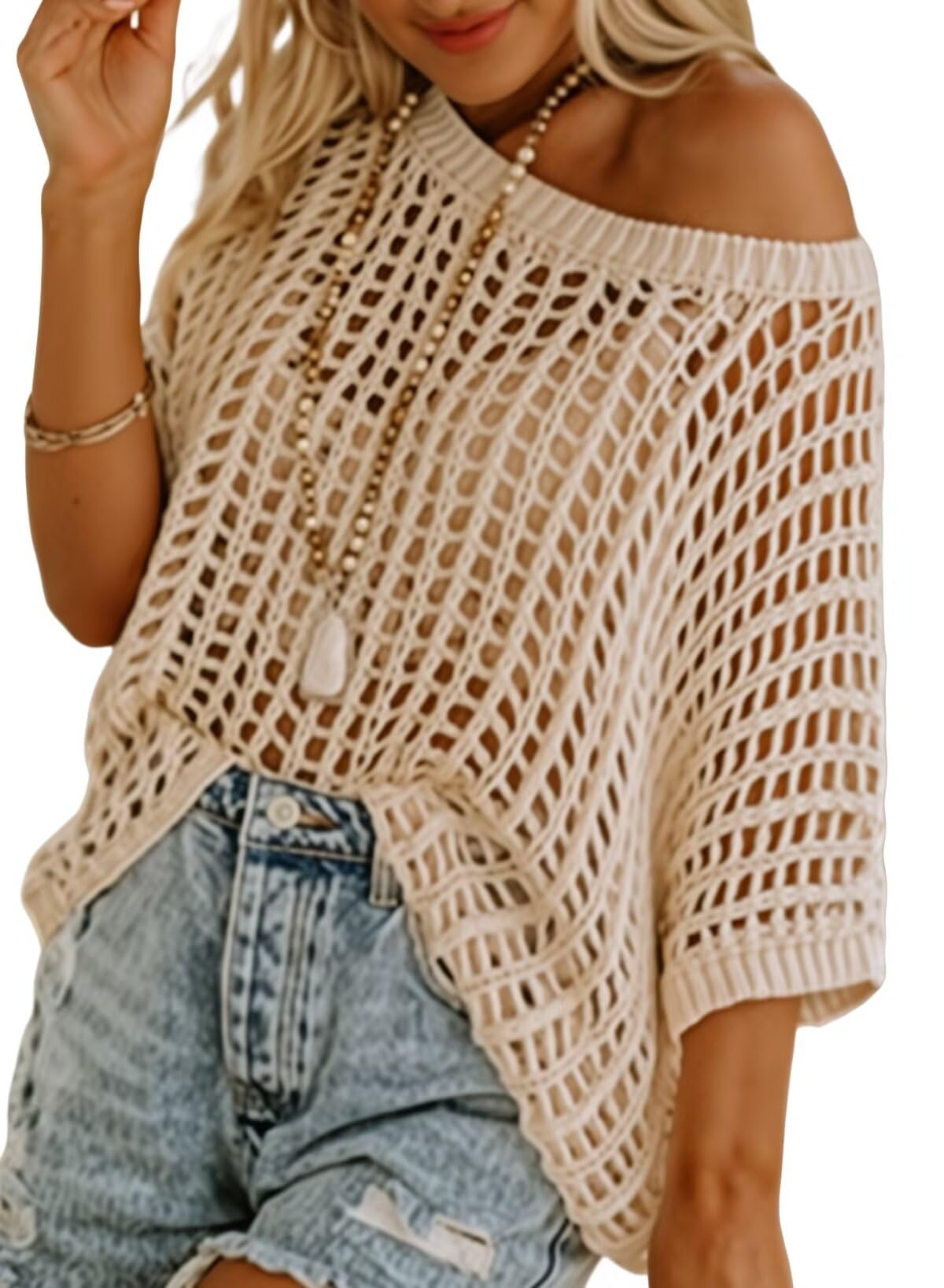 Womens Scoop Neck Short Sleeve Sweater Casual Crochet