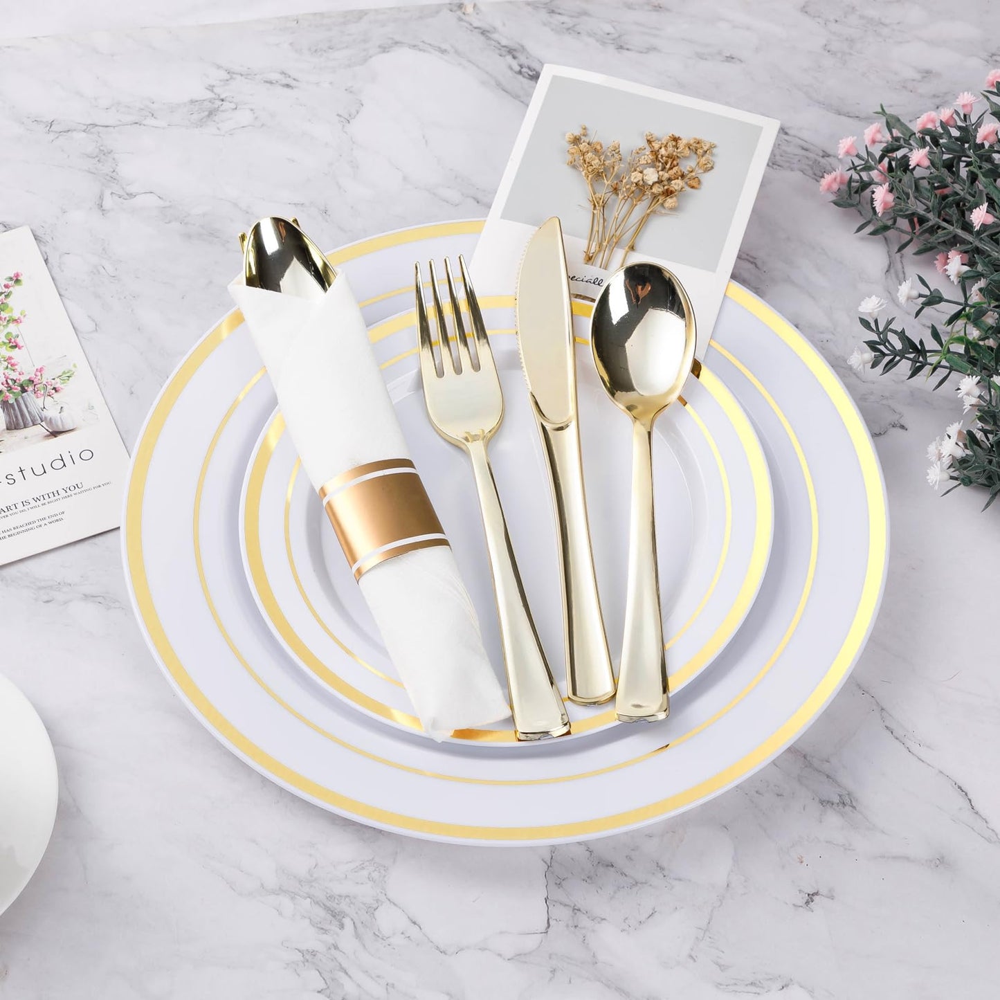 350PCS Gold Plastic Disposable Dinnerware Set, for 50 Guests, Include: 100 Plastic Plates, 50 Pre Rolled Napkins with Gold Silverware, 50 Cups