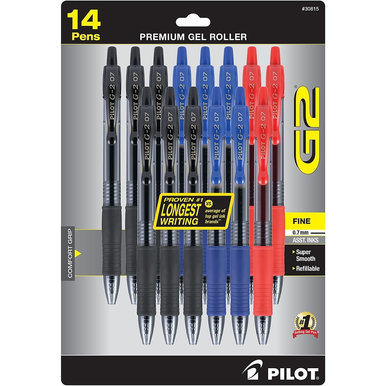 Pilot G2 Premium Gel Roller Pens, Pack of 14, Black, Blue, Red