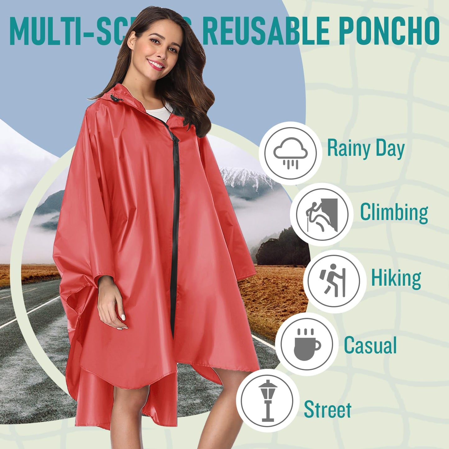 Unisex Rain Poncho Raincoat Hooded for Adults Women with Pockets
