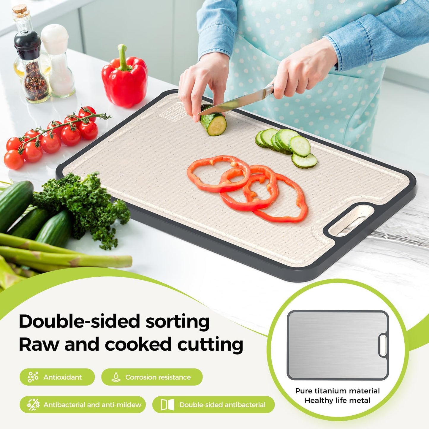 Double Sided Titanium Cutting Board and Wheat Straw, Food Grade, Easy to Clean