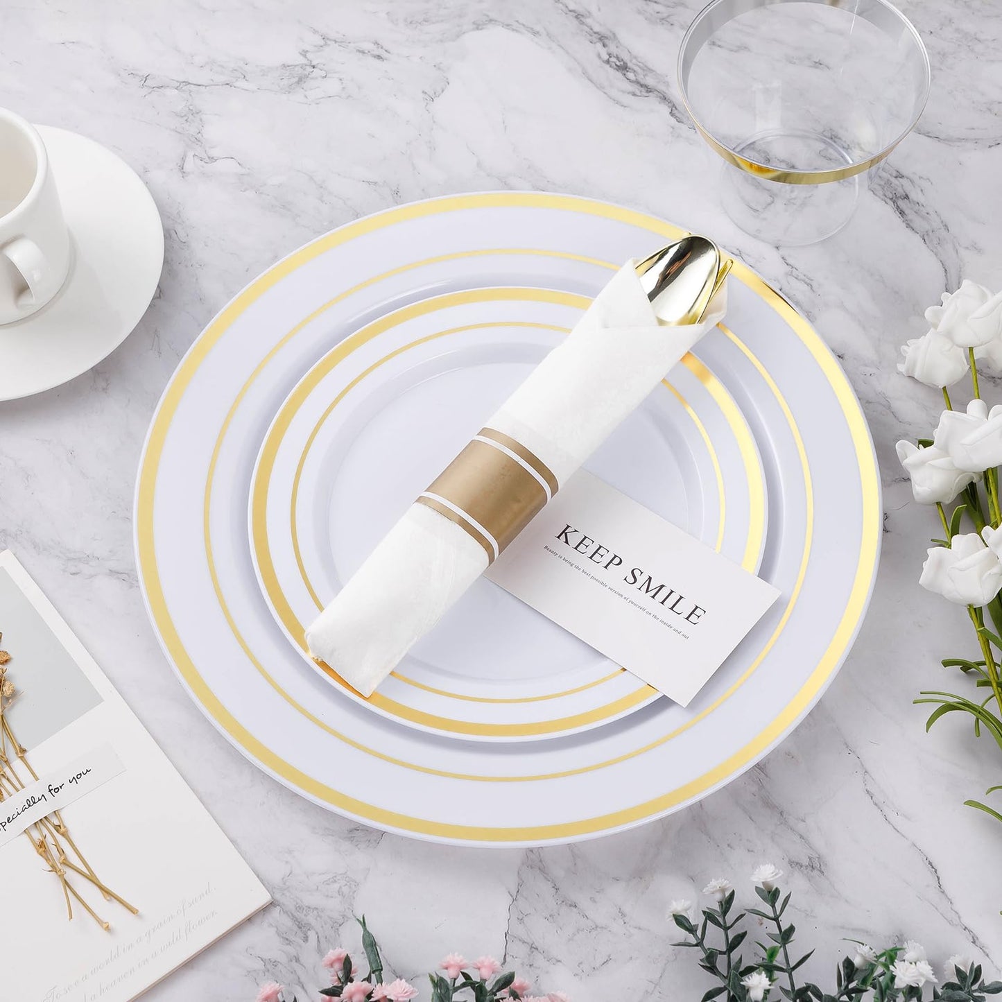 350PCS Gold Plastic Disposable Dinnerware Set, for 50 Guests, Include: 100 Plastic Plates, 50 Pre Rolled Napkins with Gold Silverware, 50 Cups