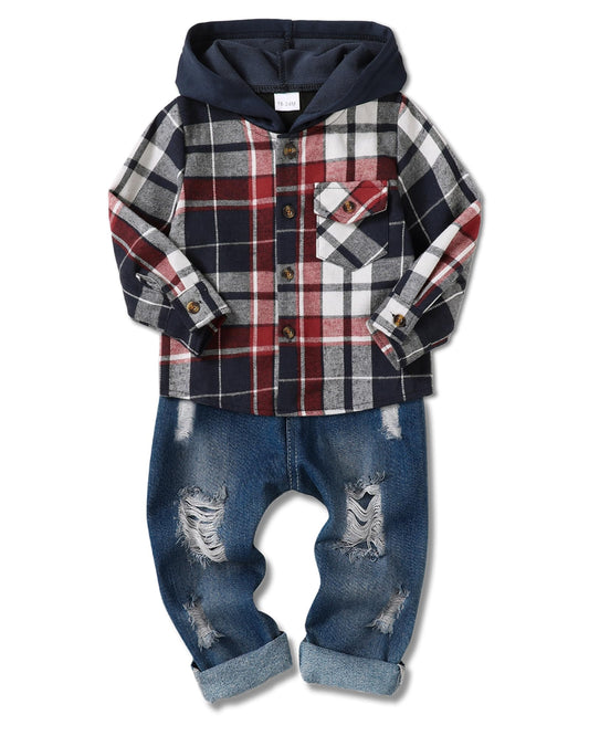 ZOEREA Toddler Baby Boys Clothes Outfits Kids Hoodie Flannel Shirts Set Plaid Hooded Tops +Jeans Pants Fall Winter 2-6T