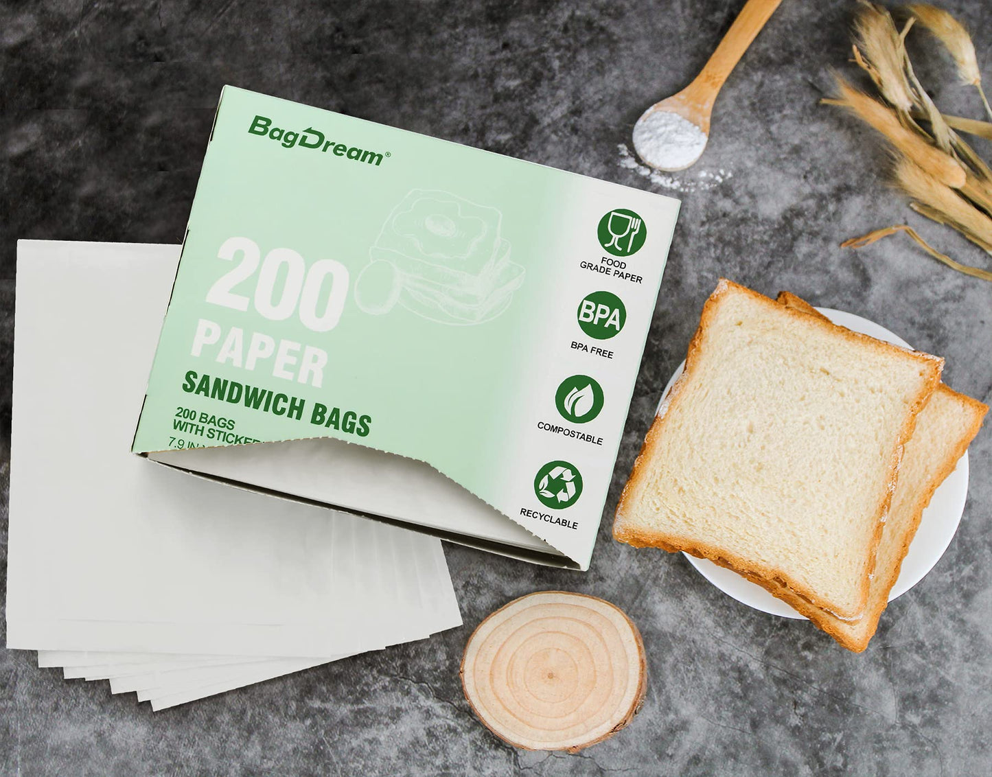 BagDream Paper Sandwich Bags 7.9x6.3x1.96 Inches 200ct Sealable with Thank You Stickers