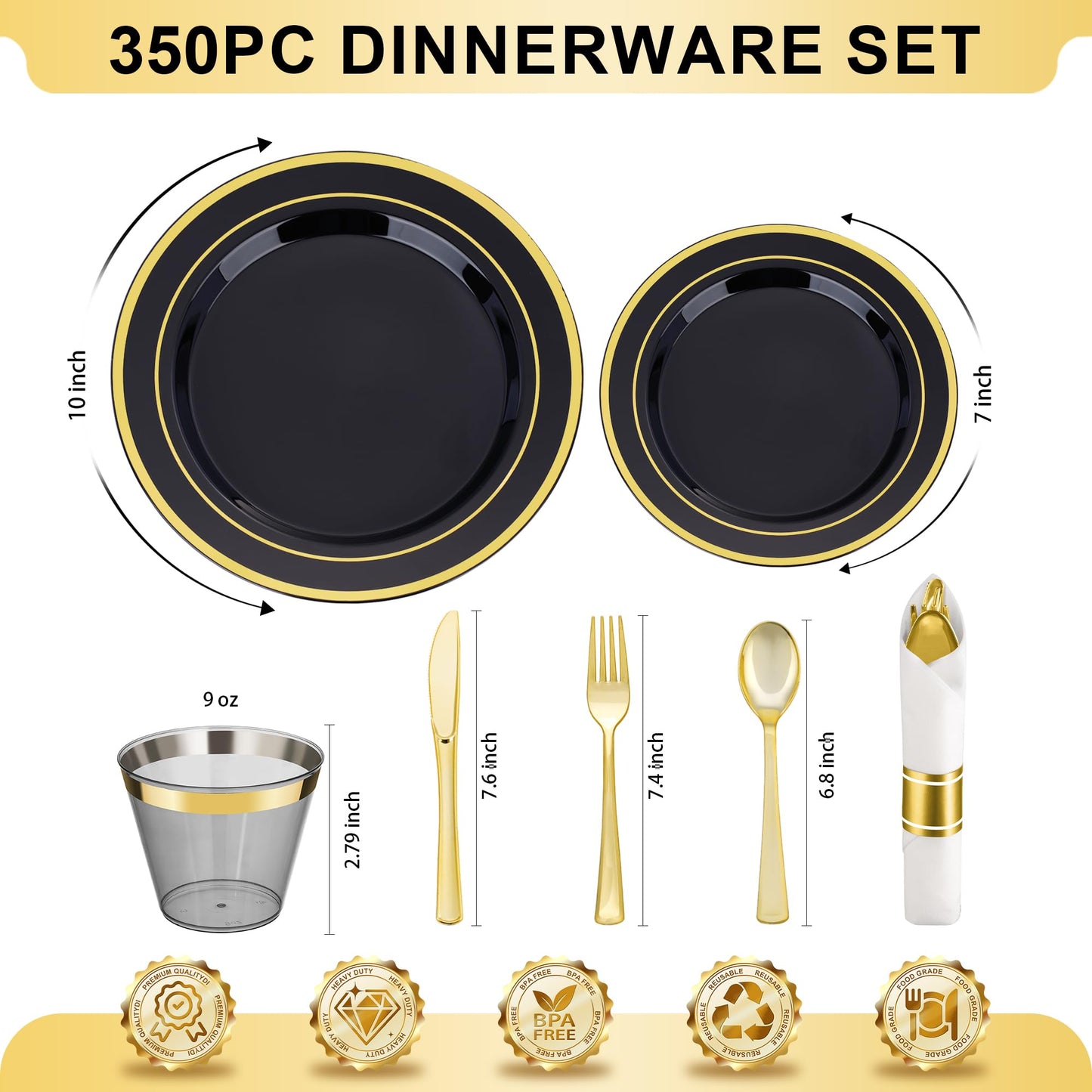 350PCS Gold Plastic Disposable Dinnerware Set, for 50 Guests, Include: 100 Plastic Plates, 50 Pre Rolled Napkins with Gold Silverware, 50 Cups