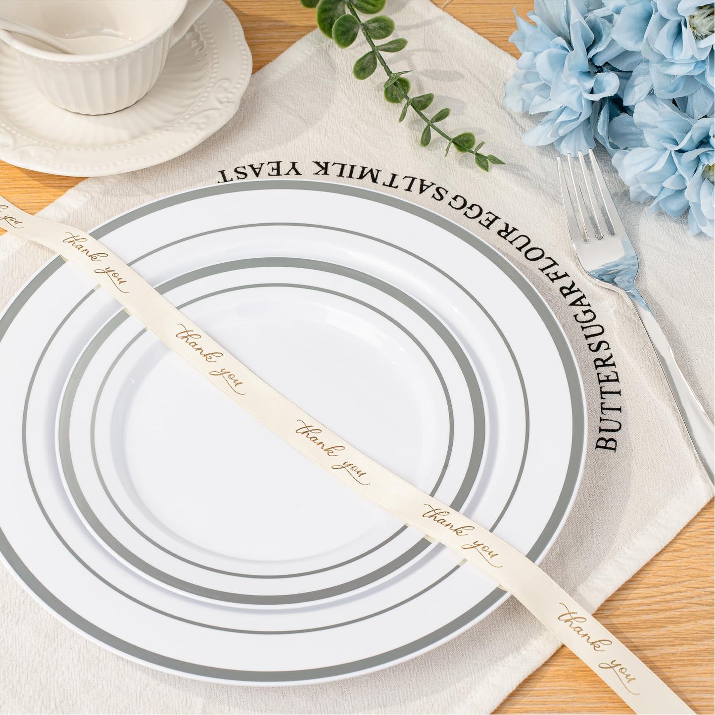 350PCS Gold Plastic Disposable Dinnerware Set, for 50 Guests, Include: 100 Plastic Plates, 50 Pre Rolled Napkins with Gold Silverware, 50 Cups