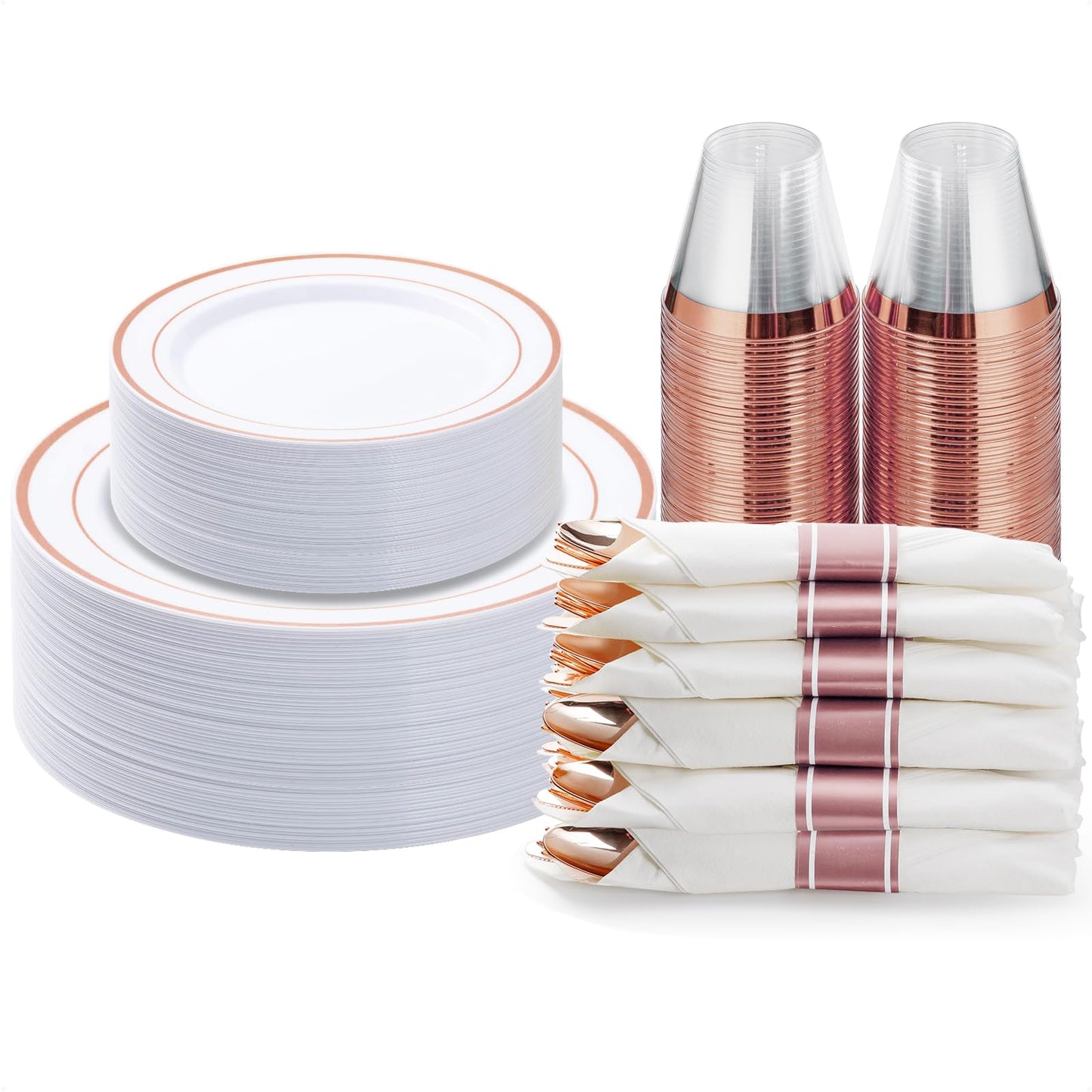 350PCS Gold Plastic Disposable Dinnerware Set, for 50 Guests, Include: 100 Plastic Plates, 50 Pre Rolled Napkins with Gold Silverware, 50 Cups