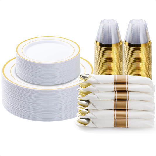 350PCS Gold Plastic Disposable Dinnerware Set, for 50 Guests, Include: 100 Plastic Plates, 50 Pre Rolled Napkins with Gold Silverware, 50 Cups