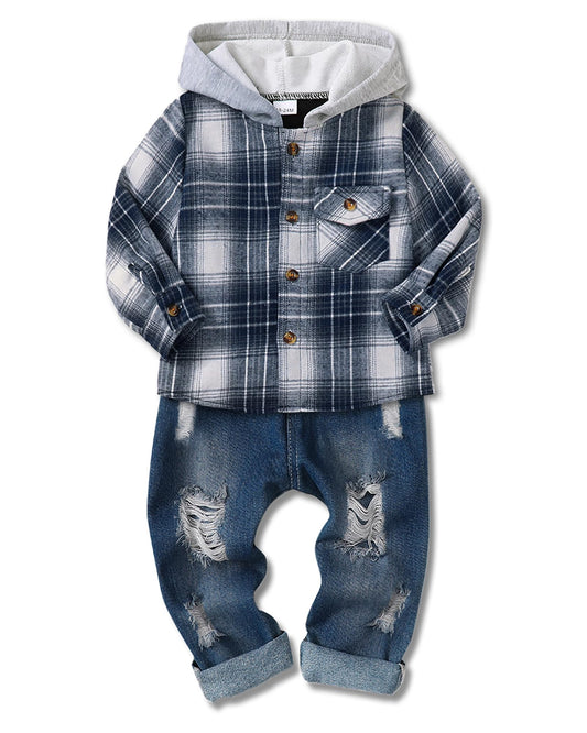 ZOEREA Toddler Baby Boys Clothes Outfits Kids Hoodie Flannel Shirts Set Plaid Hooded Tops +Jeans Pants Fall Winter 2-6T