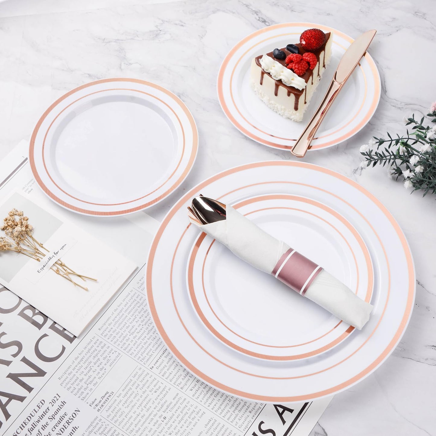 350PCS Gold Plastic Disposable Dinnerware Set, for 50 Guests, Include: 100 Plastic Plates, 50 Pre Rolled Napkins with Gold Silverware, 50 Cups