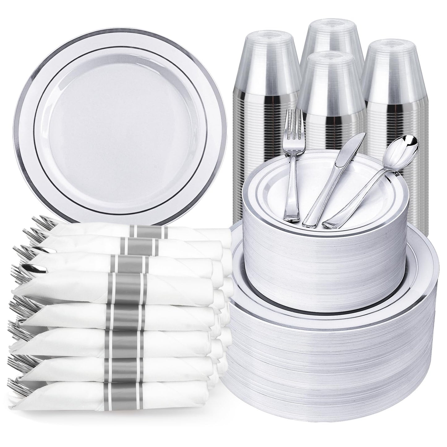 350PCS Gold Plastic Disposable Dinnerware Set, for 50 Guests, Include: 100 Plastic Plates, 50 Pre Rolled Napkins with Gold Silverware, 50 Cups