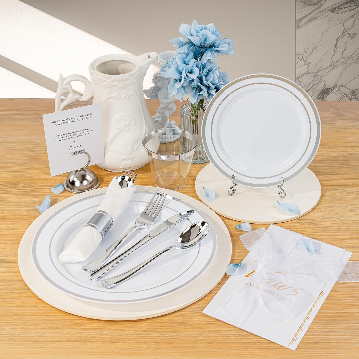 350PCS Gold Plastic Disposable Dinnerware Set, for 50 Guests, Include: 100 Plastic Plates, 50 Pre Rolled Napkins with Gold Silverware, 50 Cups