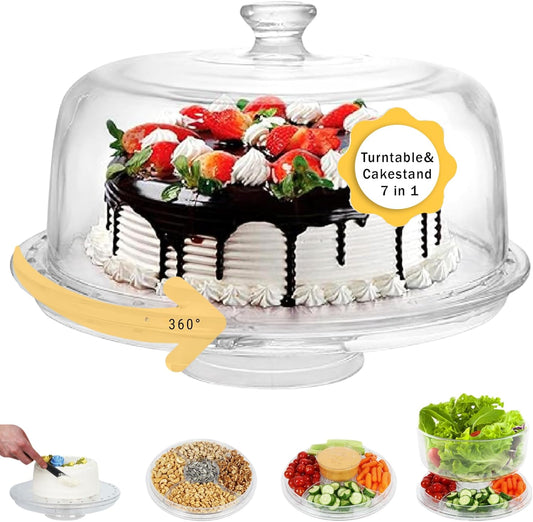 7 in 1 Rotating Multifunctional Acrylic Cake Stand with Lid & Cake Turntable for Decorating