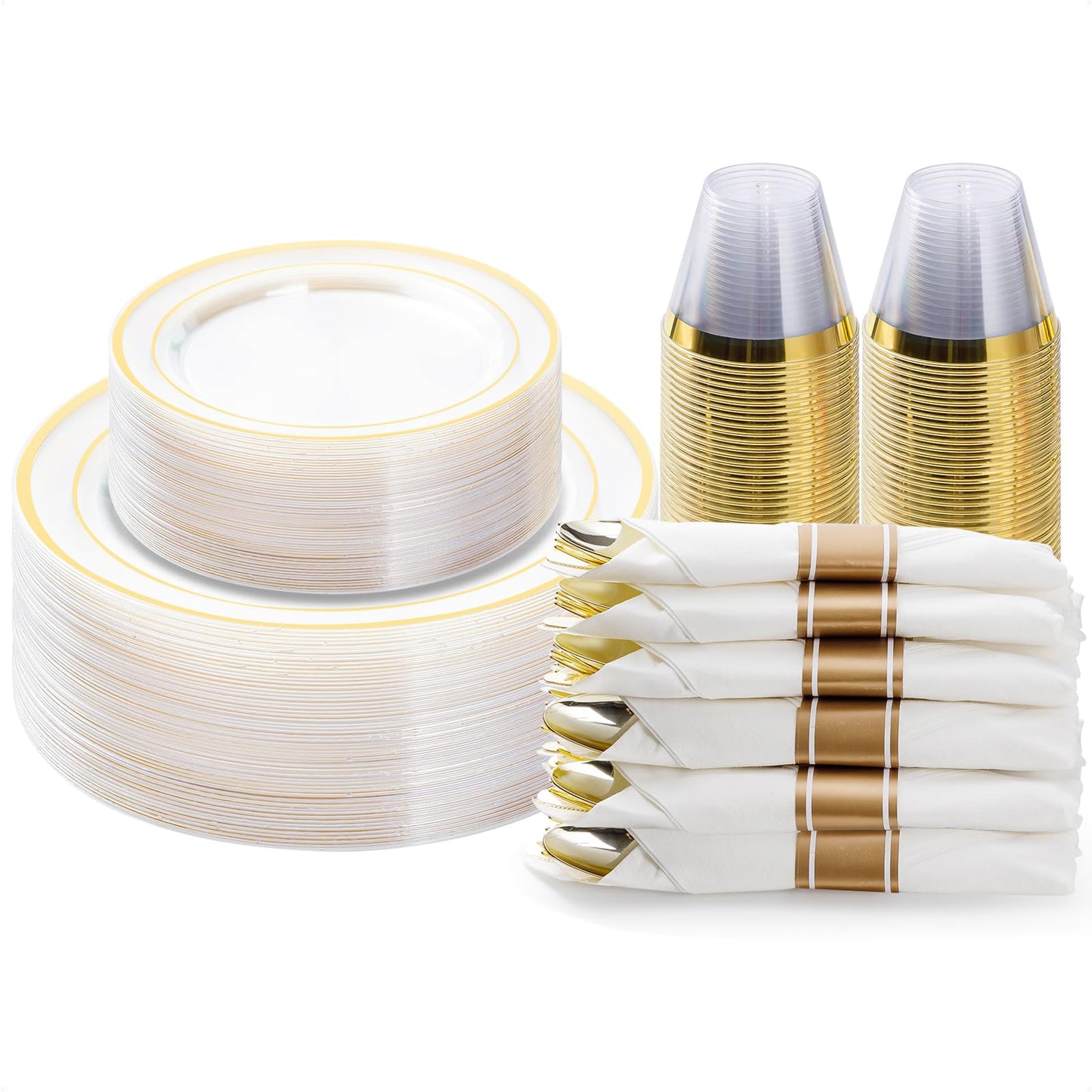 350PCS Gold Plastic Disposable Dinnerware Set, for 50 Guests, Include: 100 Plastic Plates, 50 Pre Rolled Napkins with Gold Silverware, 50 Cups