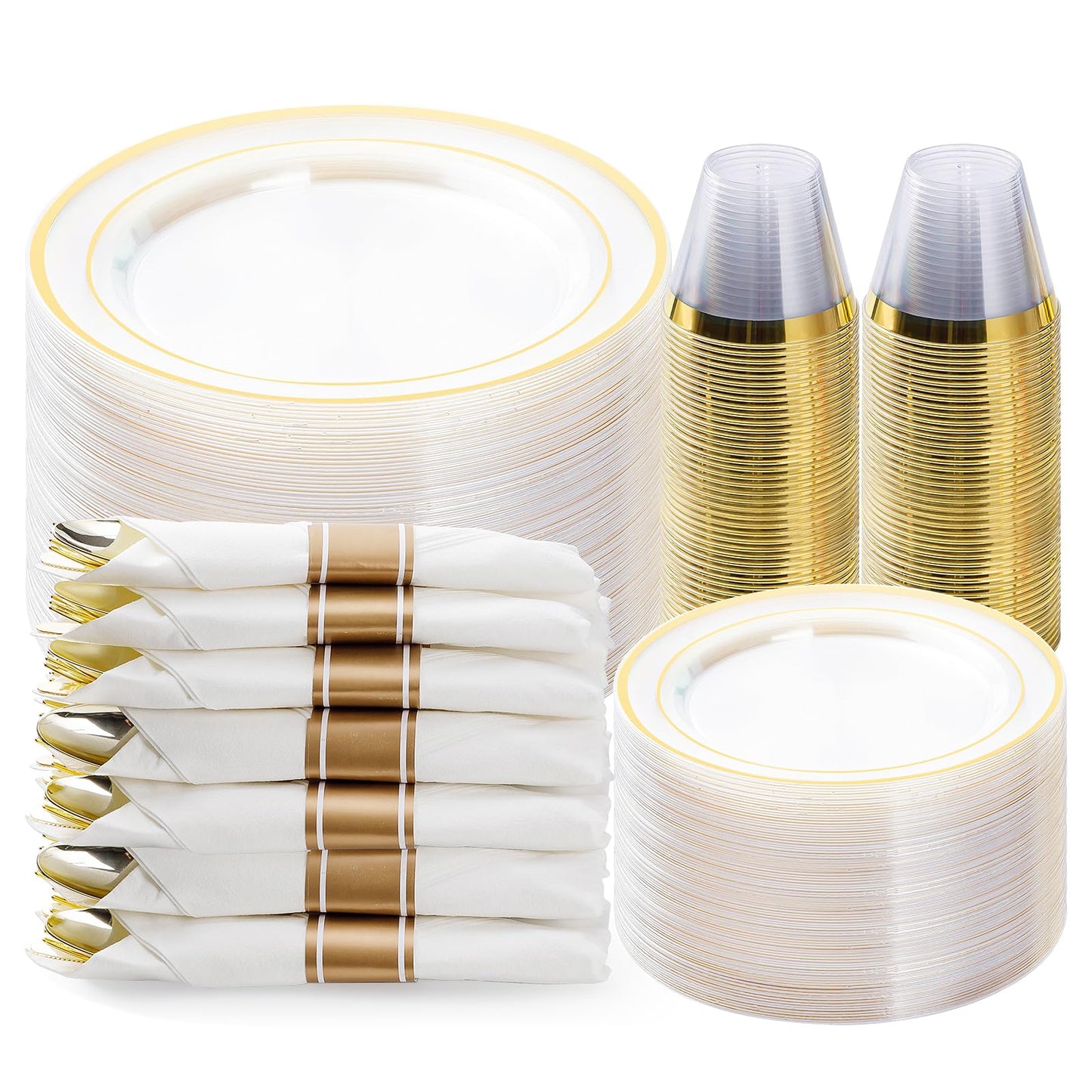 350PCS Gold Plastic Disposable Dinnerware Set, for 50 Guests, Include: 100 Plastic Plates, 50 Pre Rolled Napkins with Gold Silverware, 50 Cups