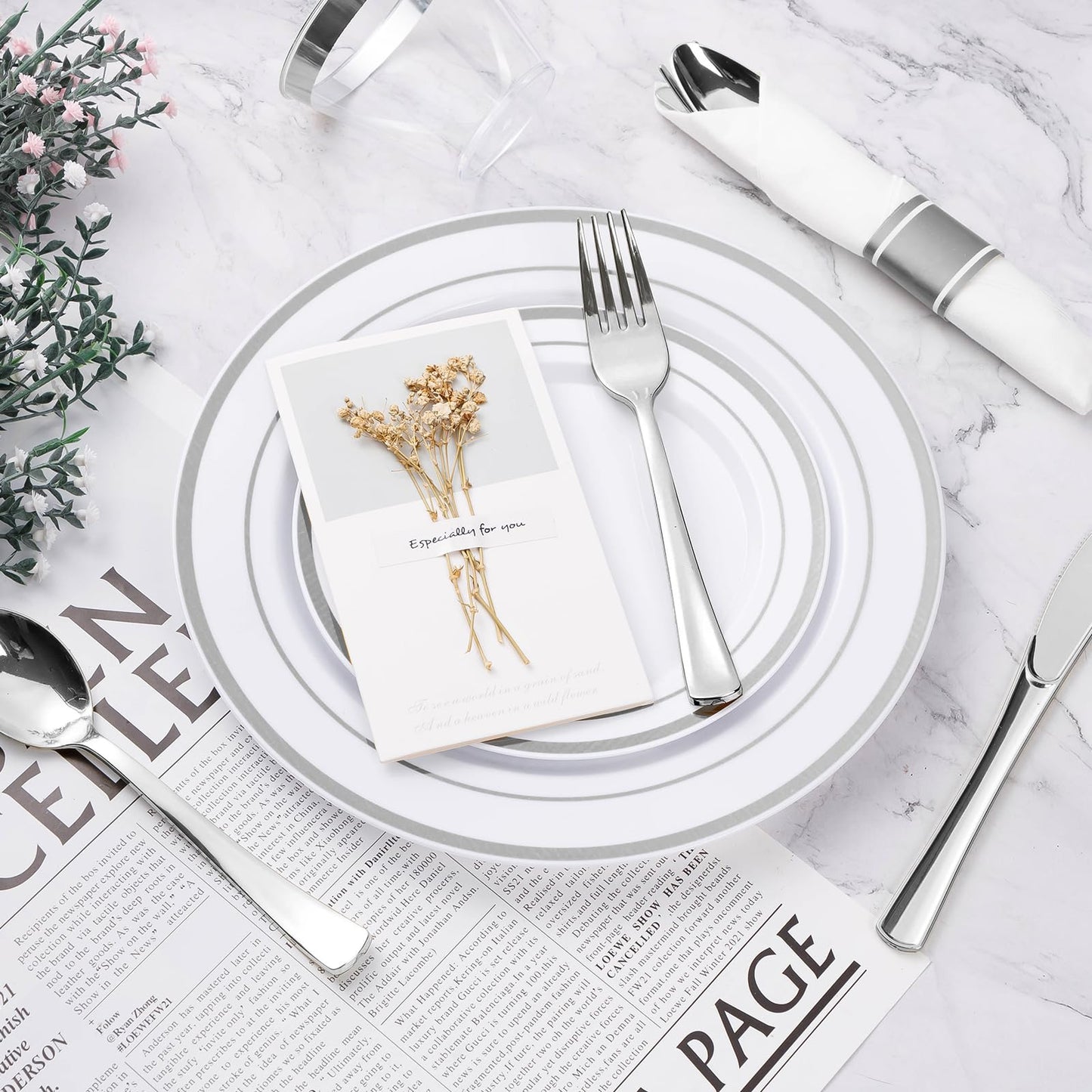 350PCS Gold Plastic Disposable Dinnerware Set, for 50 Guests, Include: 100 Plastic Plates, 50 Pre Rolled Napkins with Gold Silverware, 50 Cups
