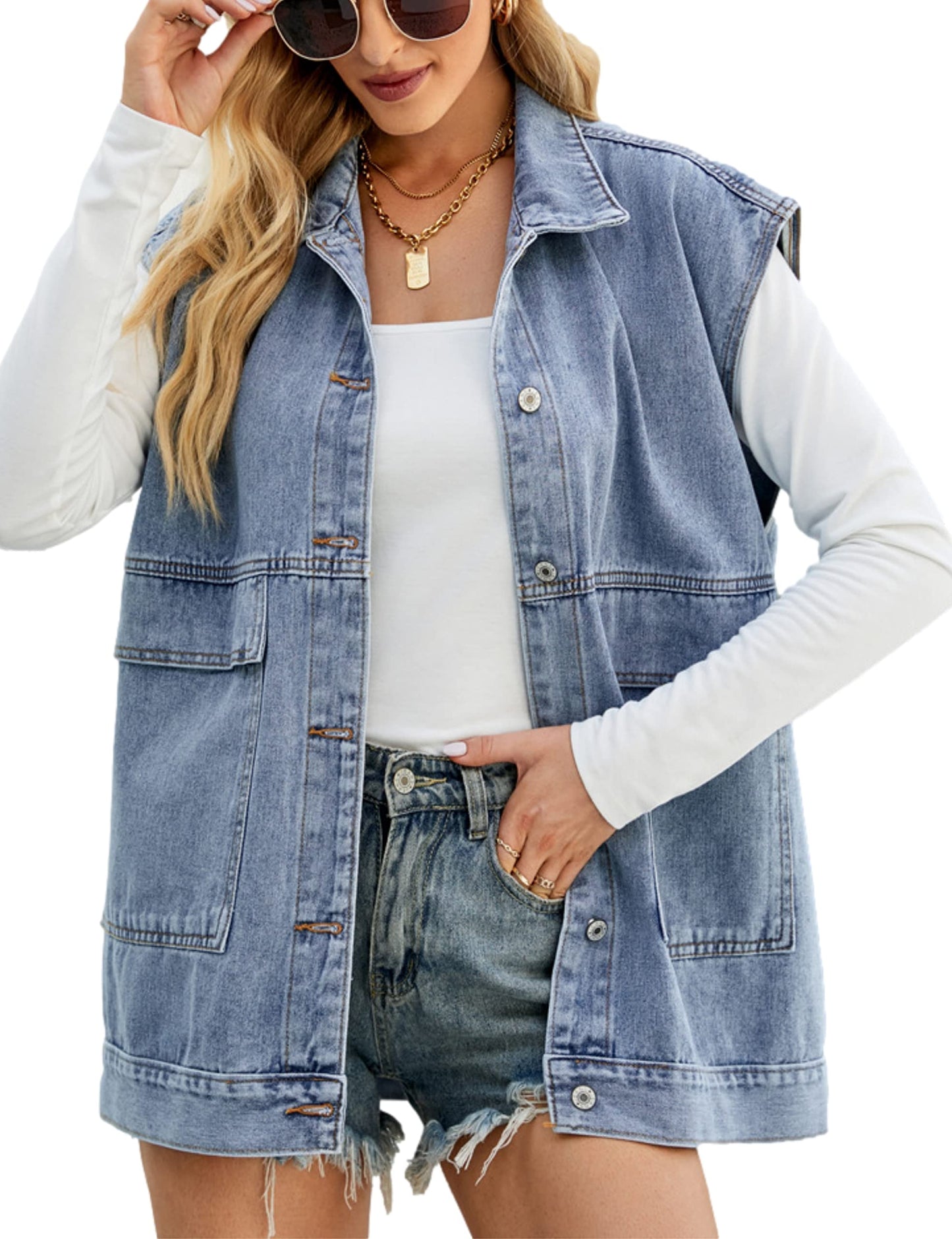 Oversized Sleeveless Denim Jean Vest for Women