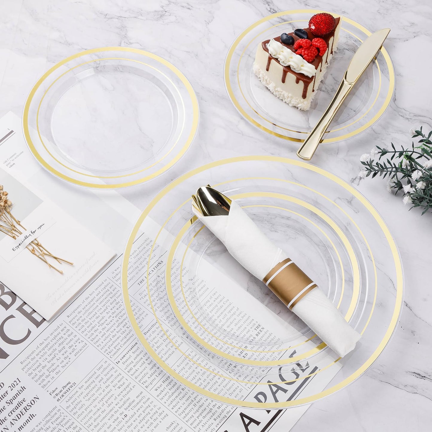 350PCS Gold Plastic Disposable Dinnerware Set, for 50 Guests, Include: 100 Plastic Plates, 50 Pre Rolled Napkins with Gold Silverware, 50 Cups