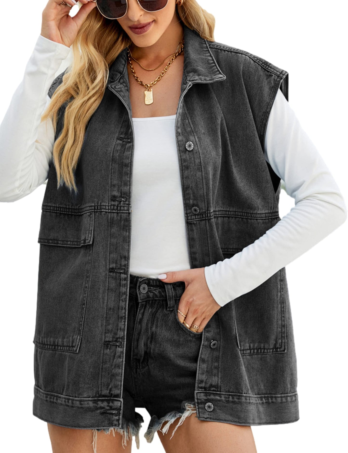 Oversized Sleeveless Denim Jean Vest for Women