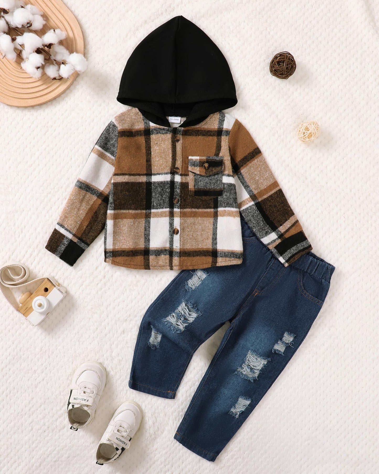 ZOEREA Toddler Baby Boys Clothes Outfits Kids Hoodie Flannel Shirts Set Plaid Hooded Tops +Jeans Pants Fall Winter 2-6T