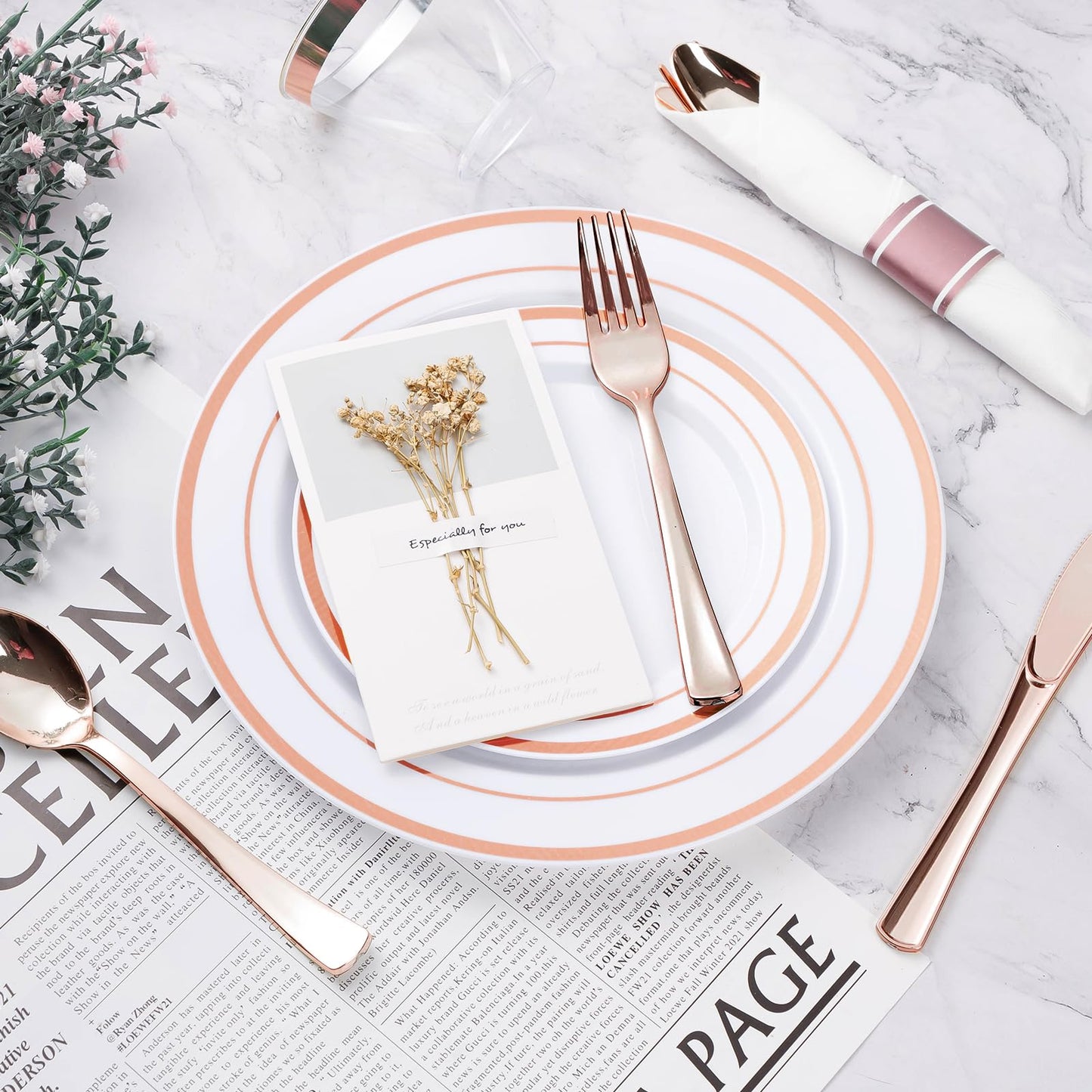 350PCS Gold Plastic Disposable Dinnerware Set, for 50 Guests, Include: 100 Plastic Plates, 50 Pre Rolled Napkins with Gold Silverware, 50 Cups