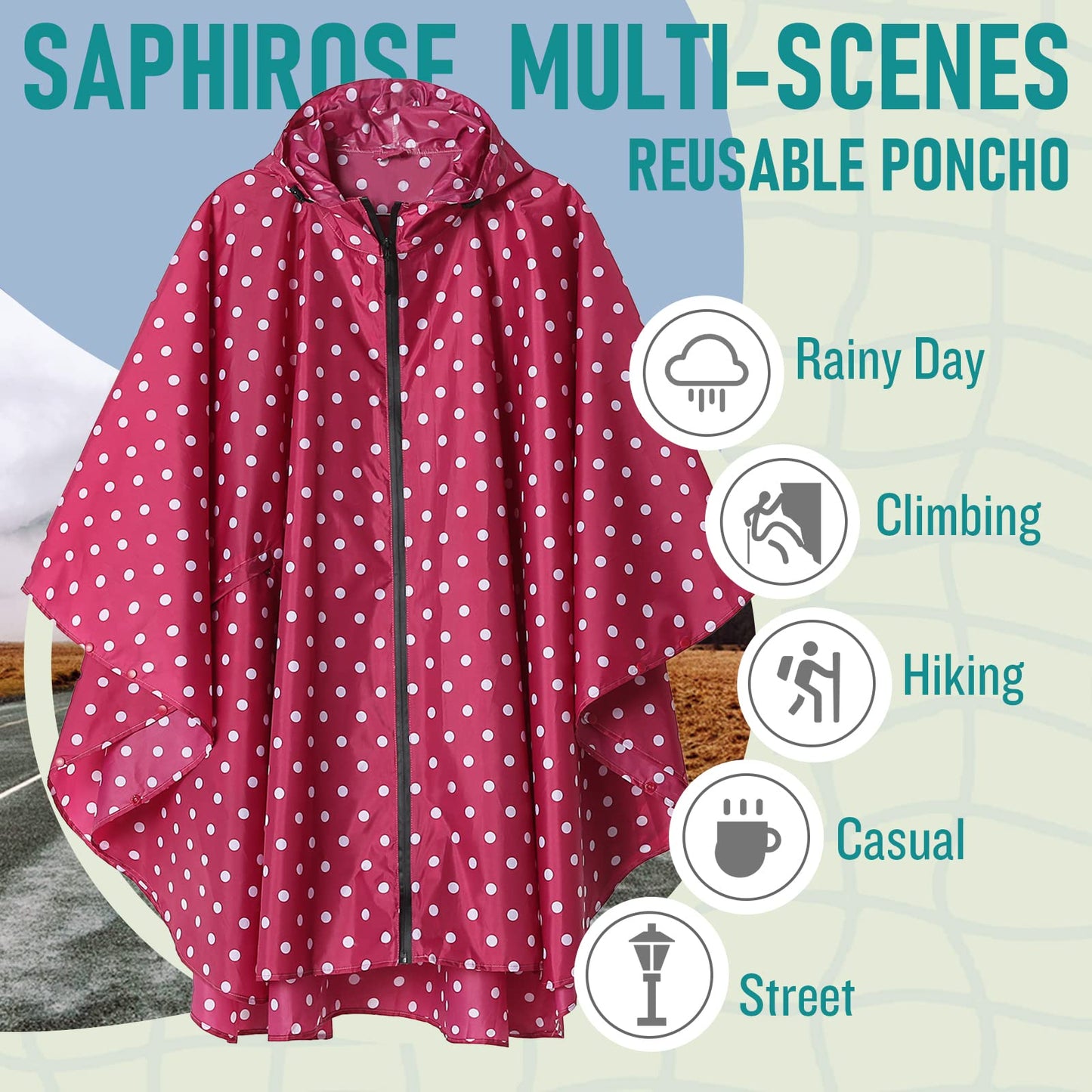 Unisex Rain Poncho Raincoat Hooded for Adults Women with Pockets