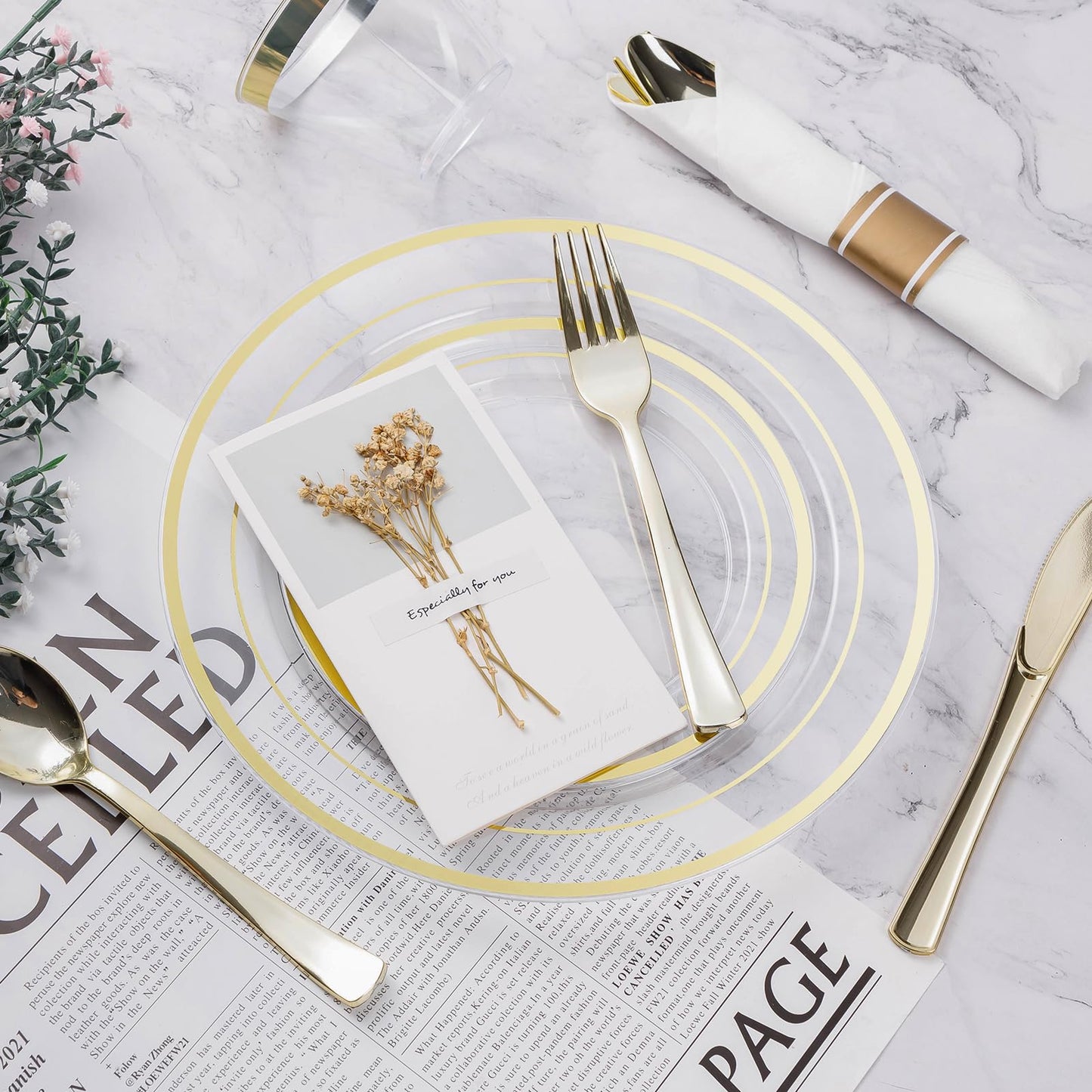 350PCS Gold Plastic Disposable Dinnerware Set, for 50 Guests, Include: 100 Plastic Plates, 50 Pre Rolled Napkins with Gold Silverware, 50 Cups