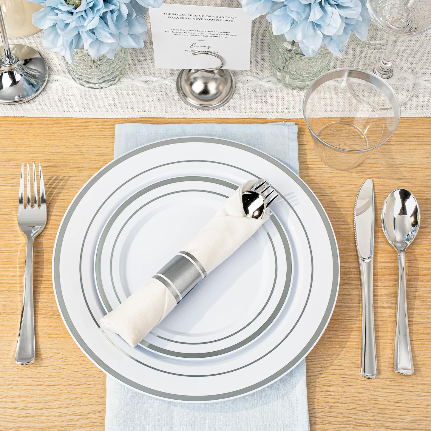 350PCS Gold Plastic Disposable Dinnerware Set, for 50 Guests, Include: 100 Plastic Plates, 50 Pre Rolled Napkins with Gold Silverware, 50 Cups