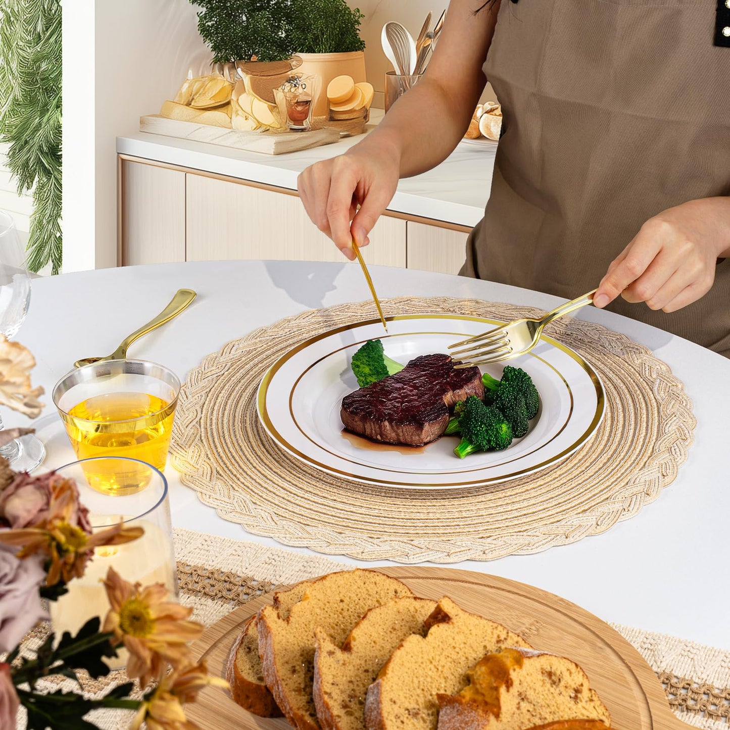 350PCS Gold Plastic Disposable Dinnerware Set, for 50 Guests, Include: 100 Plastic Plates, 50 Pre Rolled Napkins with Gold Silverware, 50 Cups
