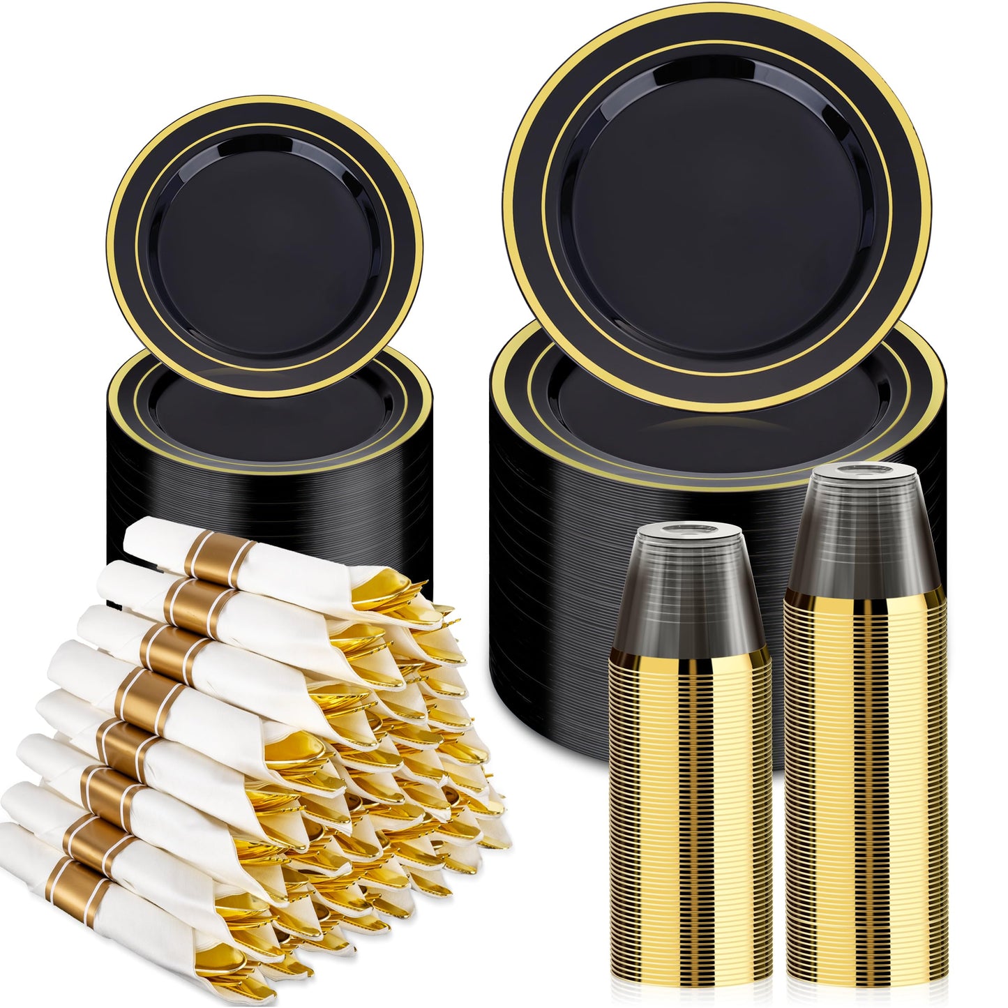 350PCS Gold Plastic Disposable Dinnerware Set, for 50 Guests, Include: 100 Plastic Plates, 50 Pre Rolled Napkins with Gold Silverware, 50 Cups