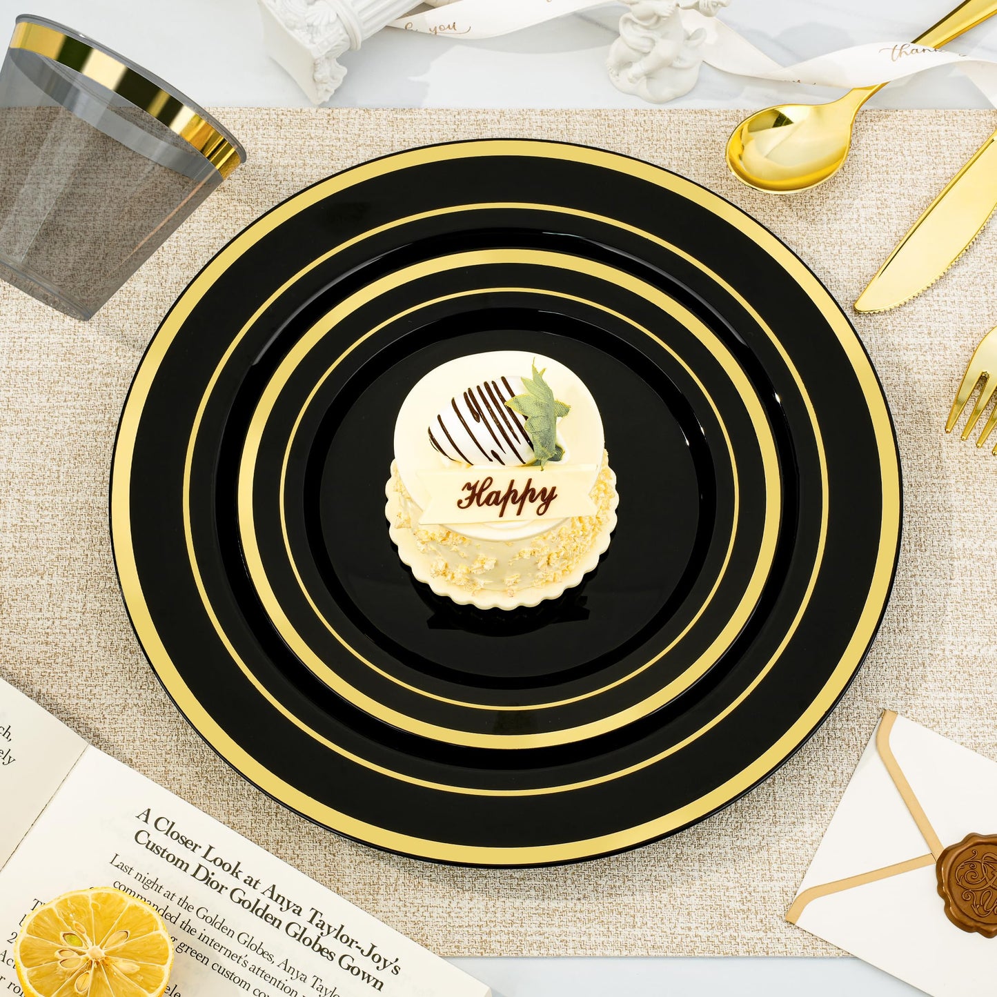 350PCS Gold Plastic Disposable Dinnerware Set, for 50 Guests, Include: 100 Plastic Plates, 50 Pre Rolled Napkins with Gold Silverware, 50 Cups